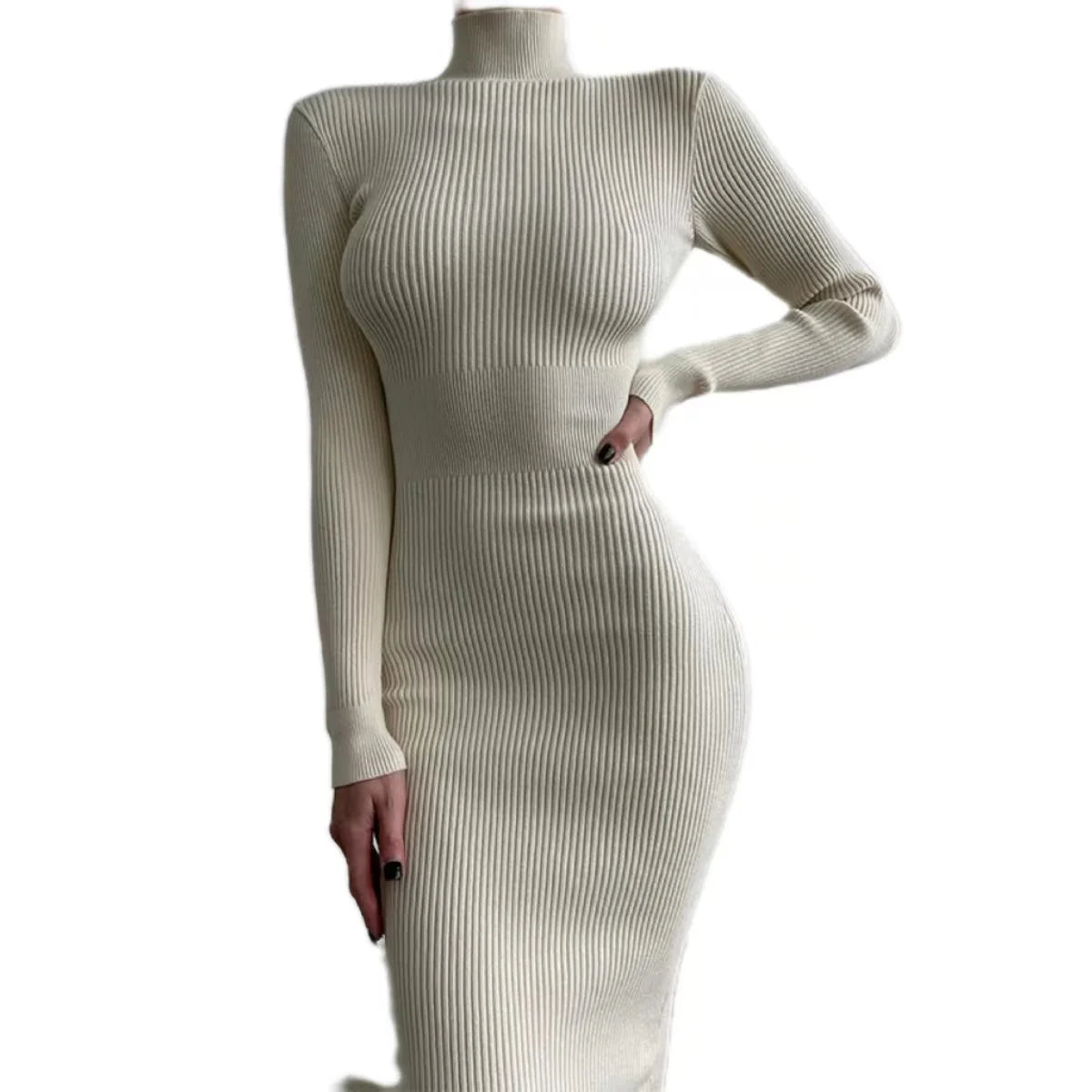 Autumn Knitted Turtleneck Dress Women Long Sleeve Bodycon Midi Dresses Elegant Fashion