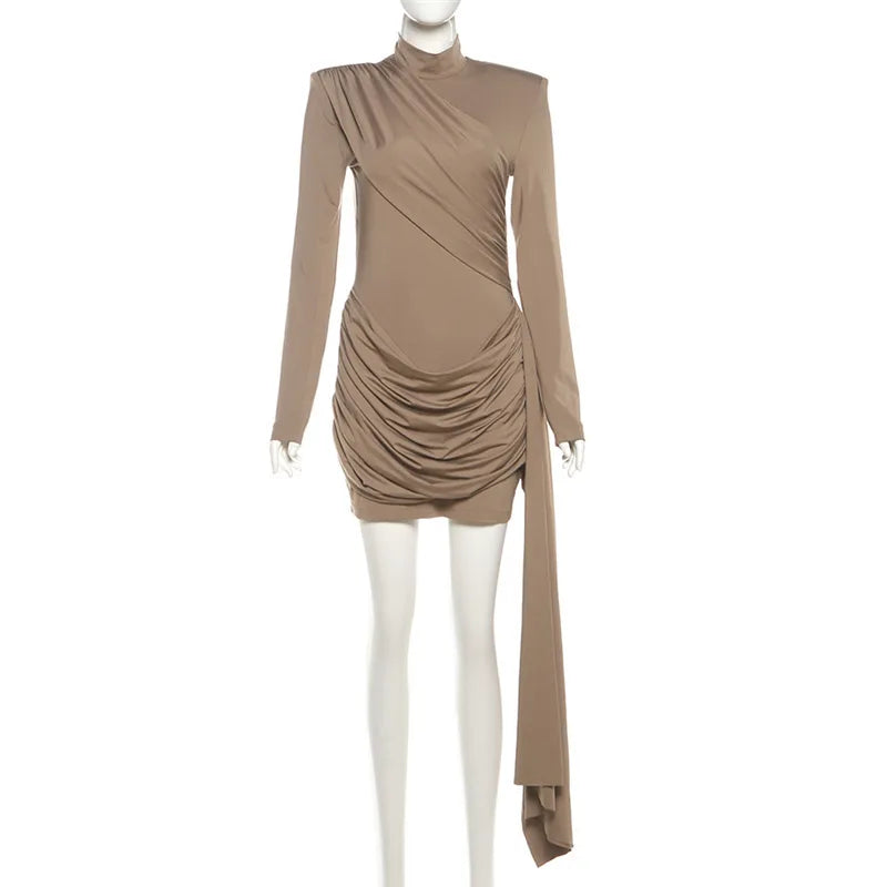 Turtleneck Irregular Draped Ruched Mini Dress Women Elegant Long Sleeve Backless Club Party Cocktail