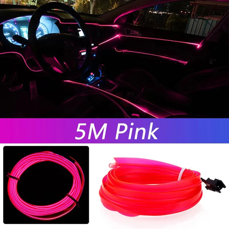 5M Car Interior LED Neon Strip Light USB – Flexible EL Wire Ambient Lighting Decorative Lamp for Auto DIY Atmosphere