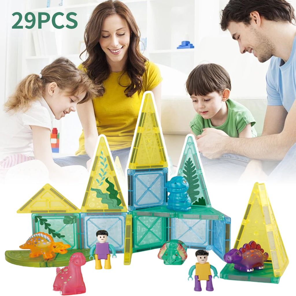 Kids Forest Dinosaur Magnetic Building Blocks Starter Set – Educational Animal Magnet Construction Toy, 29 Pieces