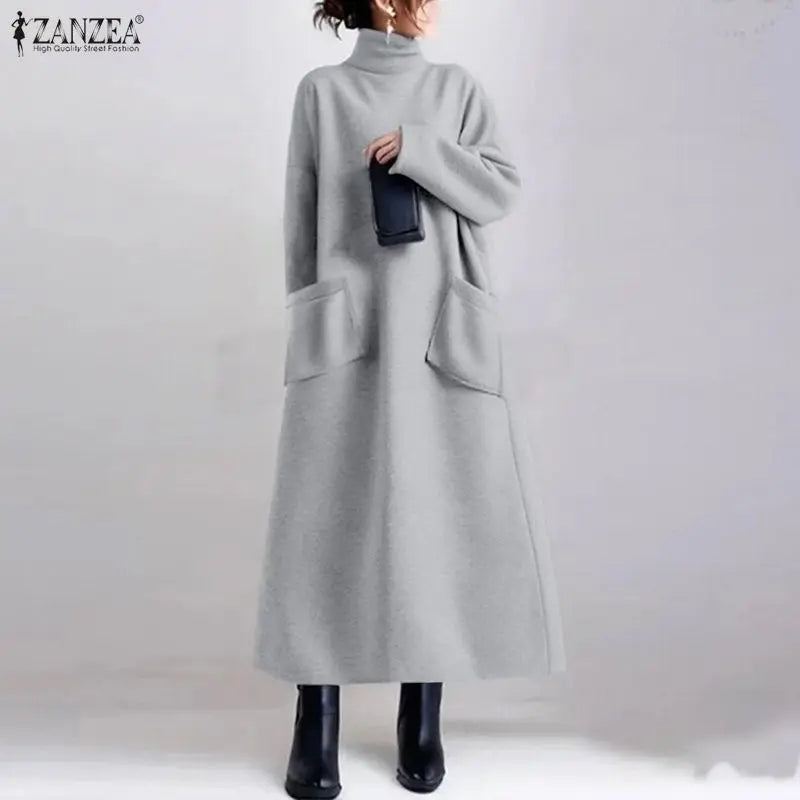 Sweatshirt Dress Women Casual Turtleneck Long Sleeve Solid A-Line Midi Dresses