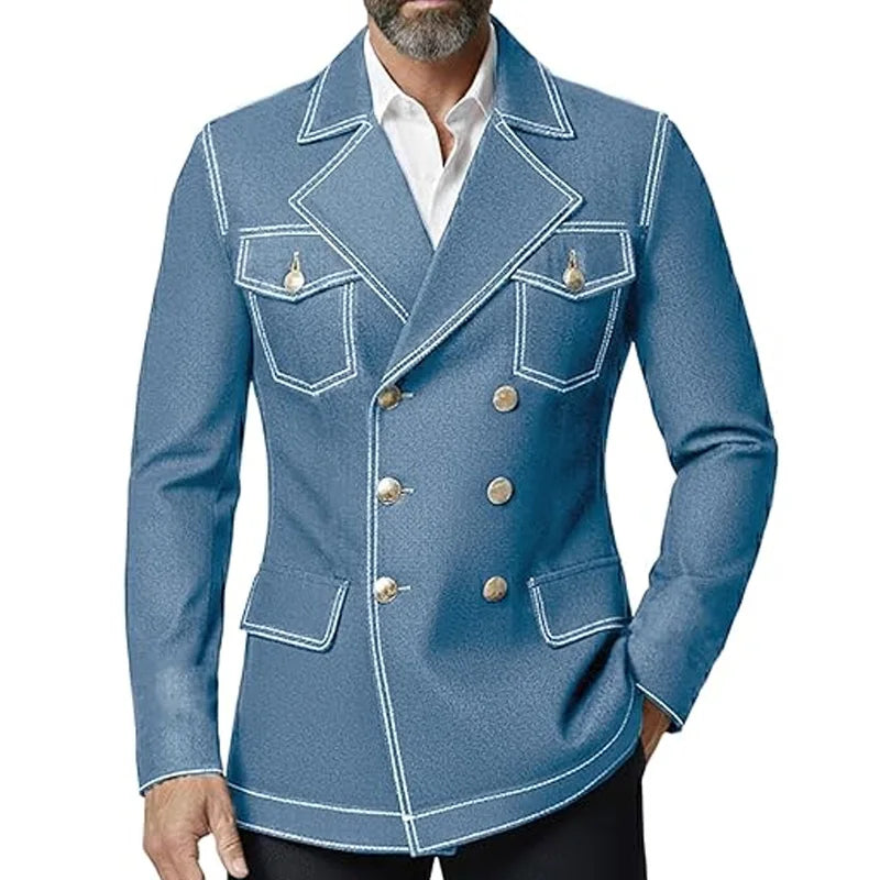 Men's Denim Jacket Double Breasted Slim Fit Notch Lapel Multi-pocket With Gold Button British Style Casual Office Spot Coat