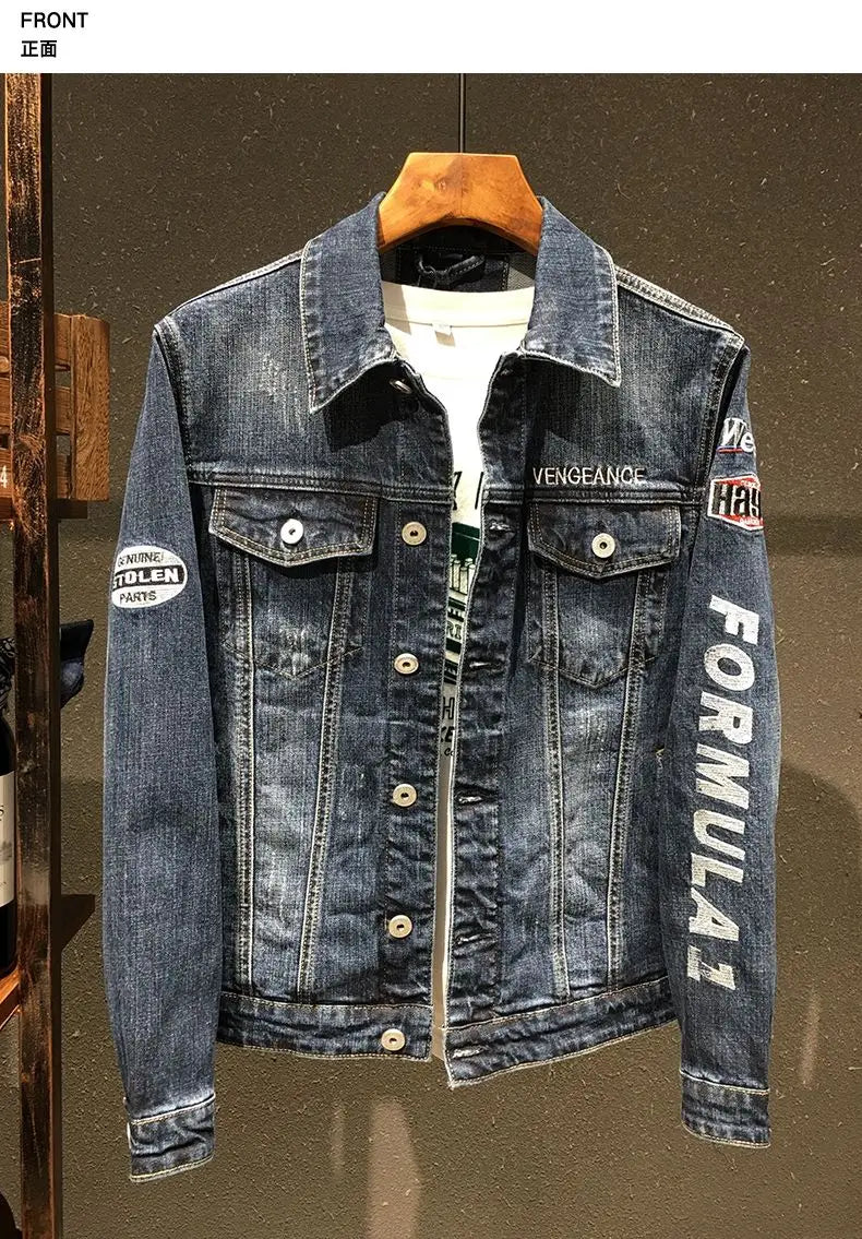 Spring and Autumn New Men's Embroidered Denim Jacket Trendy and Handsome Slim Fit Badge Broken Coat