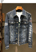 Spring and Autumn New Men's Embroidered Denim Jacket Trendy and Handsome Slim Fit Badge Broken Coat