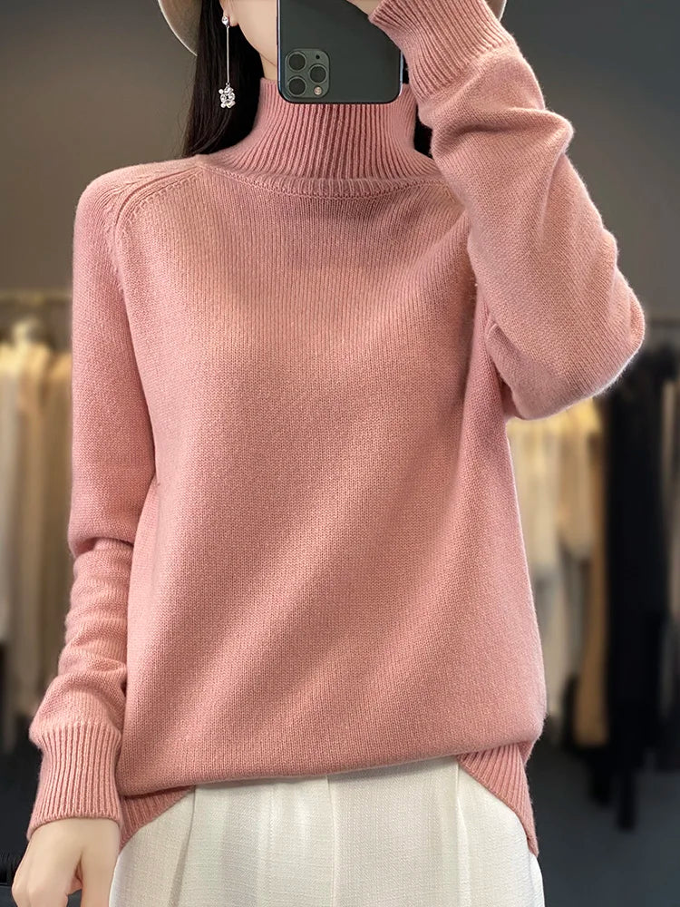 Autumn Winter Wool Sweater Mock Neck Office Lady Knitted Pullover Solid Soft Long Sleeve