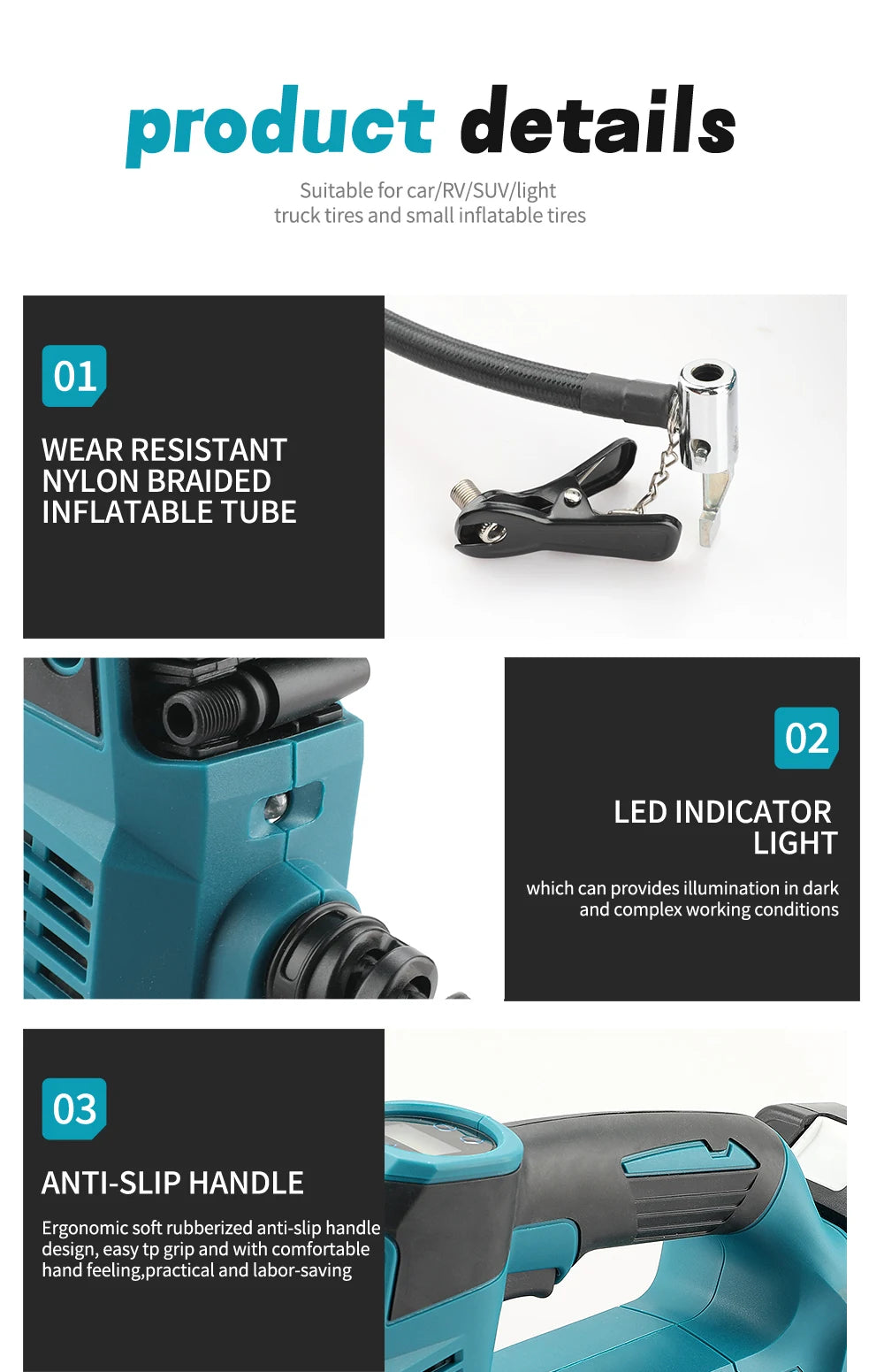 Portable Air pump 18V Battery Lithium-Ion Cordless Inflator For Car Tyre Inflator Electric Motorcycle Pump (No Battery)