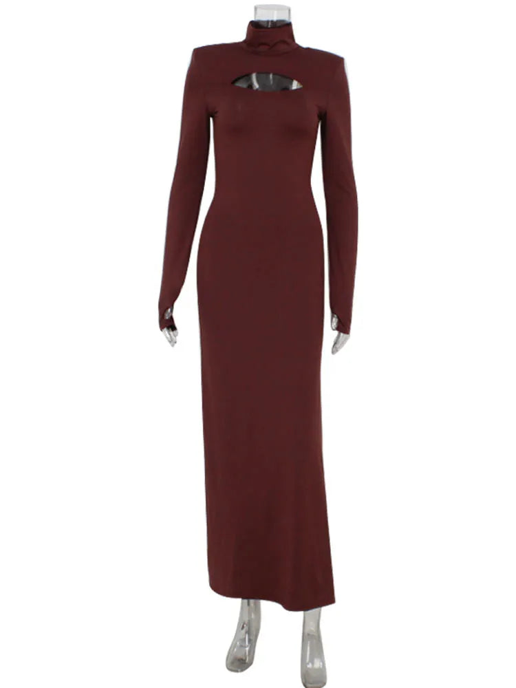 Women's Maxi Dresses Solid Turtleneck Regular Long Sleeves Hollow Out Slim Fit