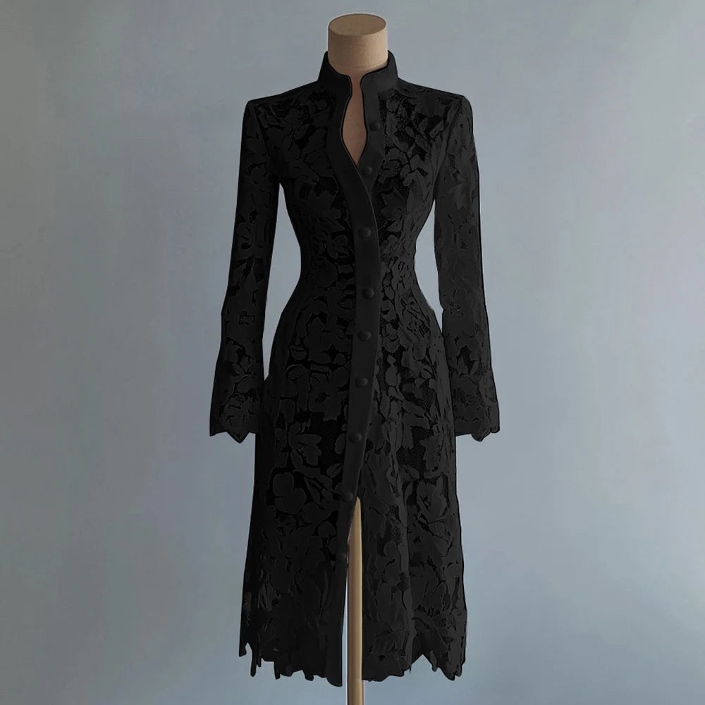 Women's Floral Lace Hollow Out Elegant Dress Solid Single-breasted Turtleneck Autumn Long Sleeve Cardigan Outwear Midi Dresses