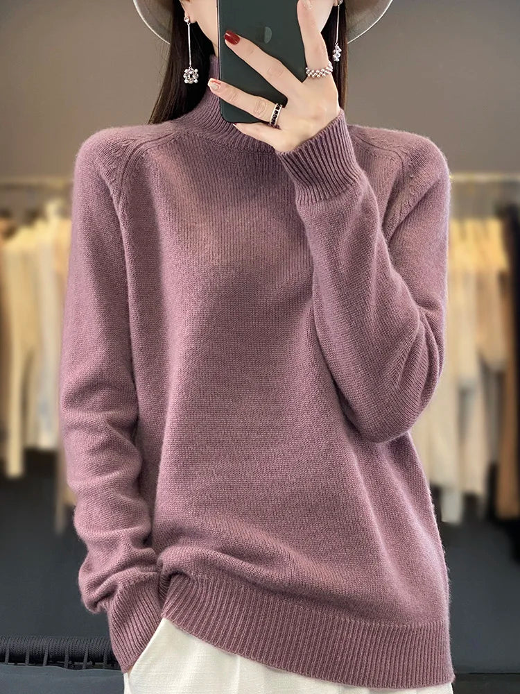 Autumn Winter Wool Sweater Mock Neck Office Lady Knitted Pullover Solid Soft Long Sleeve
