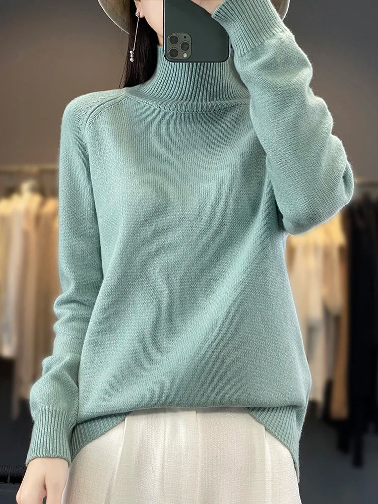 Autumn Winter Wool Sweater Mock Neck Office Lady Knitted Pullover Solid Soft Long Sleeve