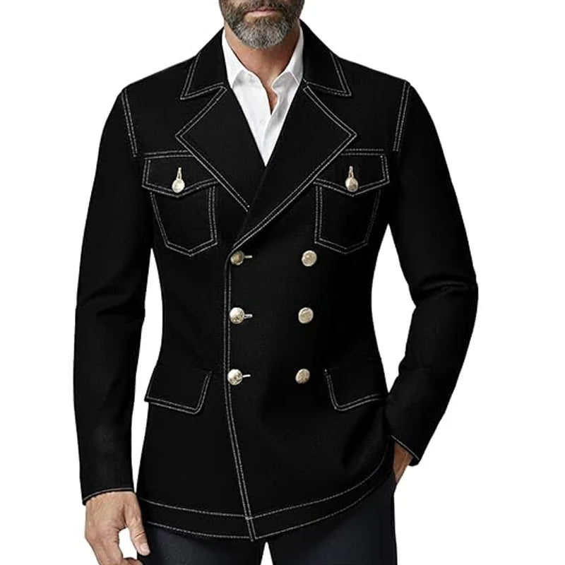 Men's Denim Jacket Double Breasted Slim Fit Notch Lapel Multi-pocket With Gold Button British Style Casual Office Spot Coat