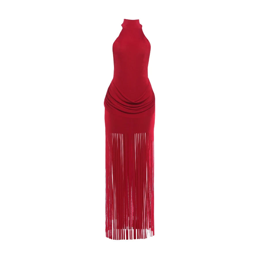Women Velvet Ruched Patchwork Tassel Hem Elegant Backless Party Bodycon