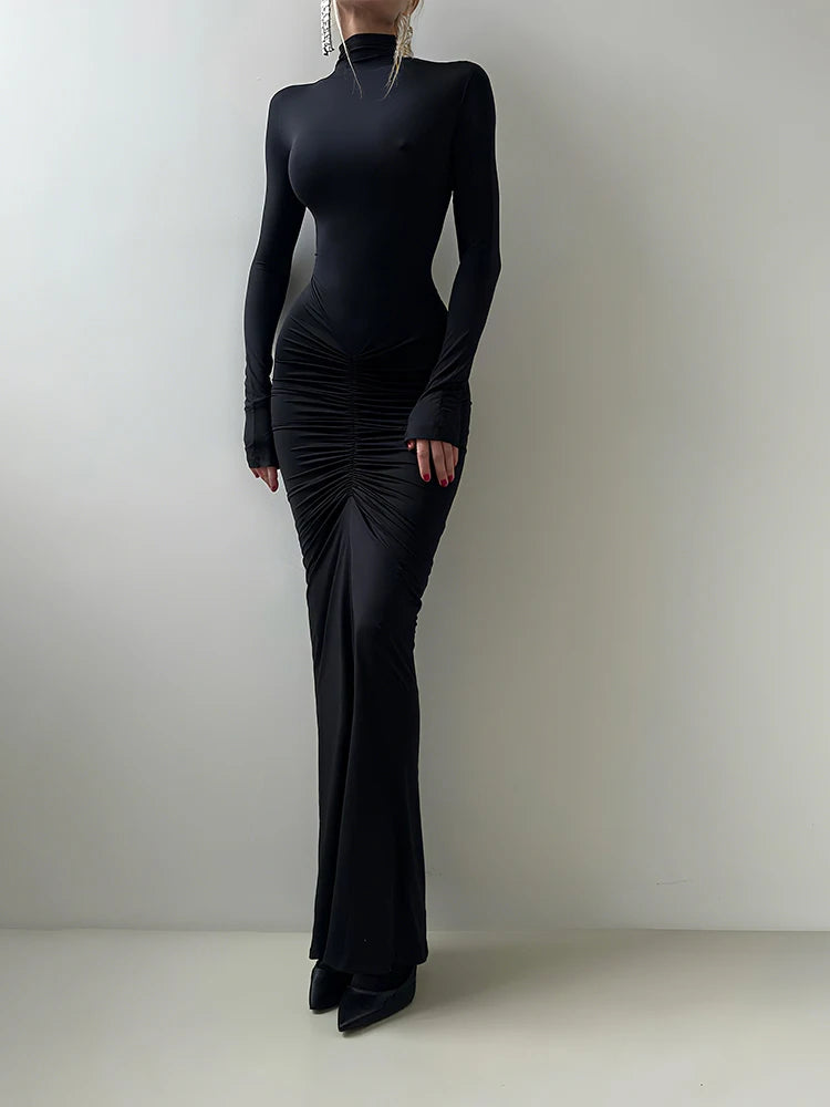 New Style Long Dress Woman Turtleneck Full Sleeve Skinny High Stretch Daily Casual