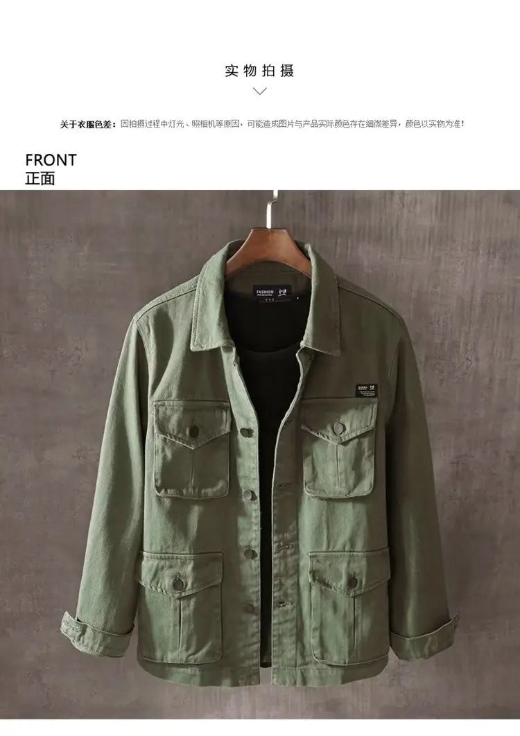 Spring and Autumn New Men's Fashion Casual Loose Jacket Solid Pocket Work Wear Denim Jacket