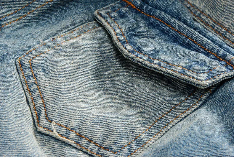 New Men's Fashion Retro Plush Denim Jacket Casual Tear Patch Denim Coat