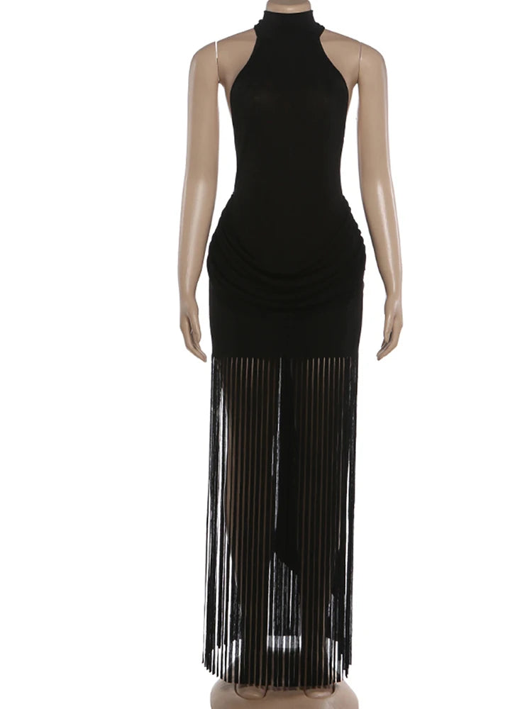 Women Velvet Ruched Patchwork Tassel Hem Elegant Backless Party Bodycon