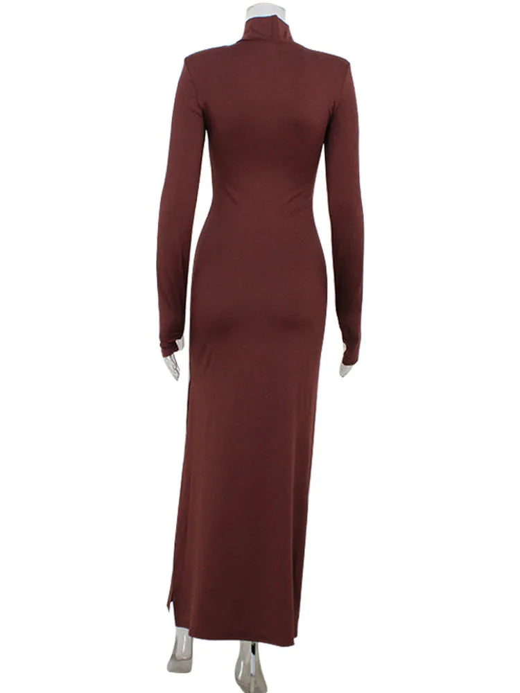 Women's Maxi Dresses Solid Turtleneck Regular Long Sleeves Hollow Out Slim Fit