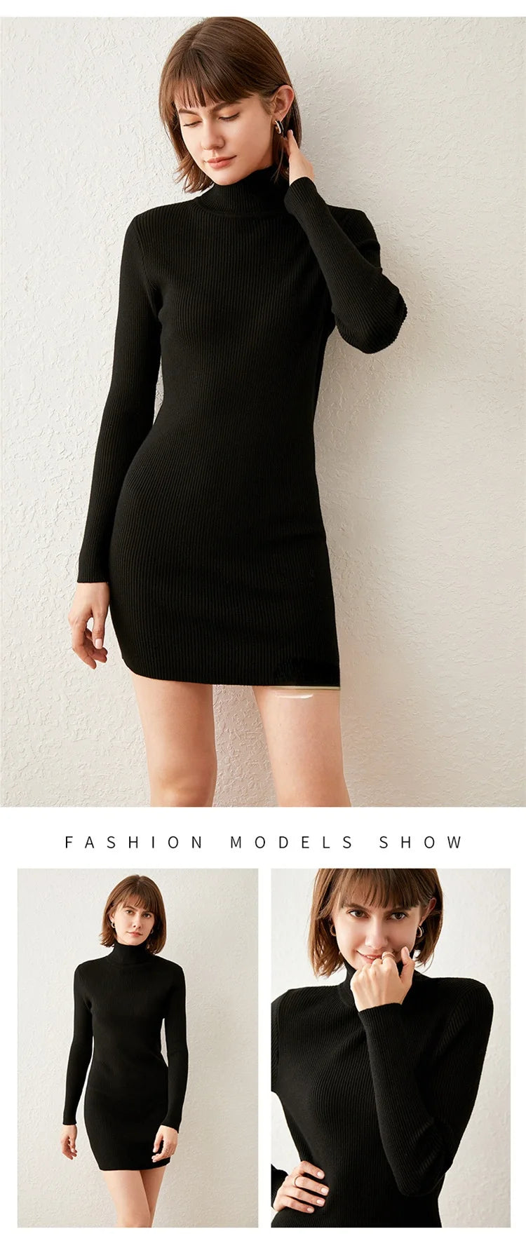Turtleneck Sweater Slim-Fit Bottoming Solid Color Tight-Fitting Knitted Bag Hip Women Dress.