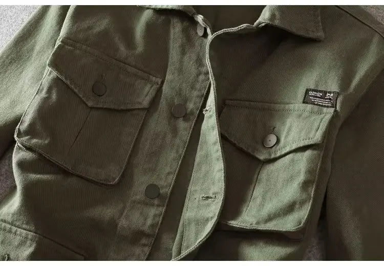 Spring and Autumn New Men's Fashion Casual Loose Jacket Solid Pocket Work Wear Denim Jacket