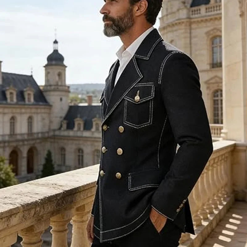 Men's Denim Jacket Double Breasted Slim Fit Notch Lapel Multi-pocket With Gold Button British Style Casual Office Spot Coat