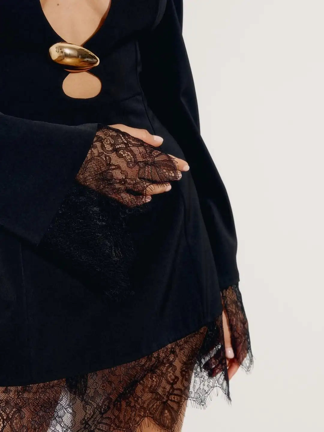 Elegant Lace-Detail A-Line Mini Dress with Shoulder Pads, Defined Waist & Metallic Accent – Perfect for Parties