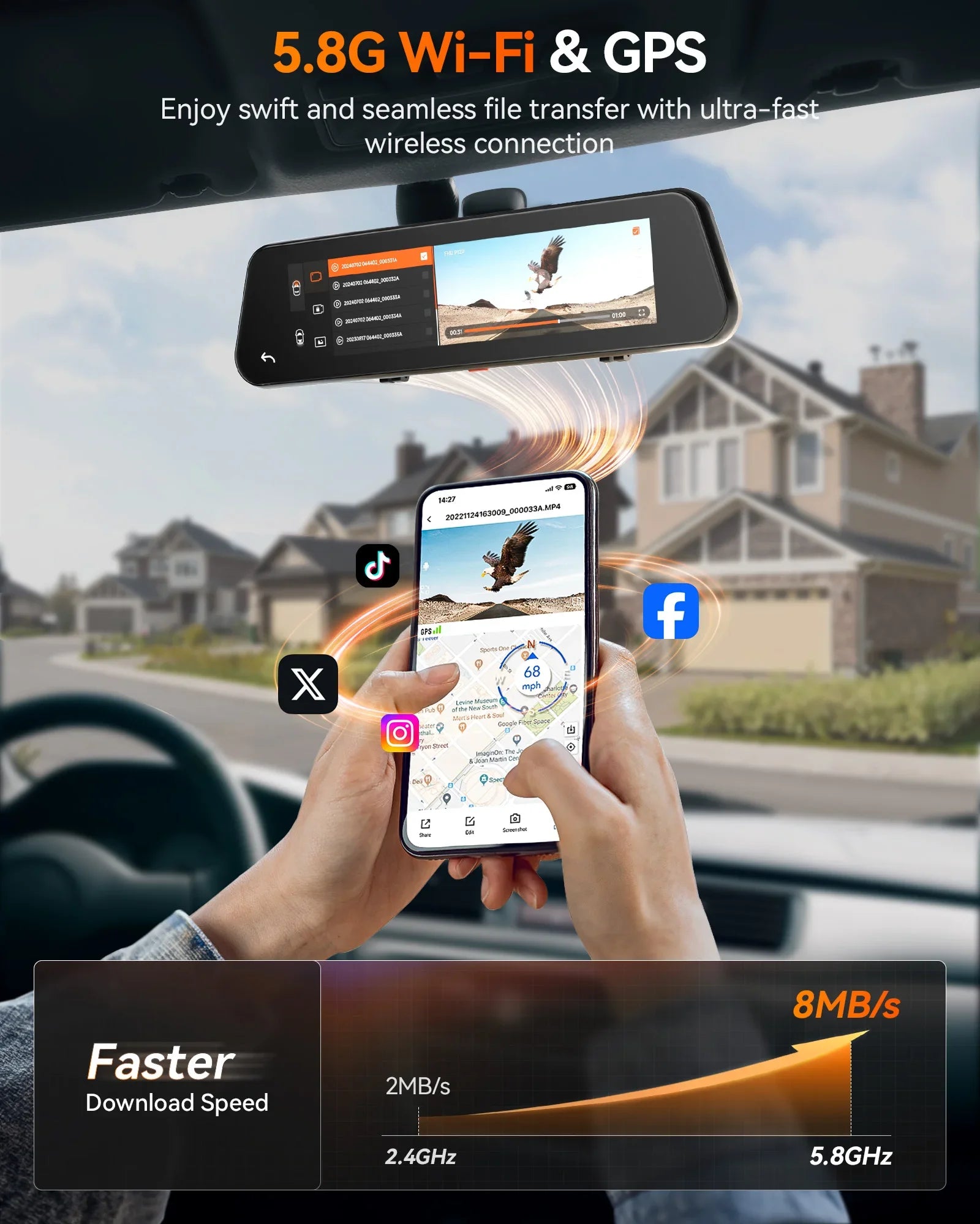 WOLFBOX G900 PRO Dash Cam – 4K front + 2.5K rear mirror dash camera with voice control, 5GHz Wi-Fi, GPS tracking, loop recording, and dual front & rear cameras for clear driving video and smart car security.
