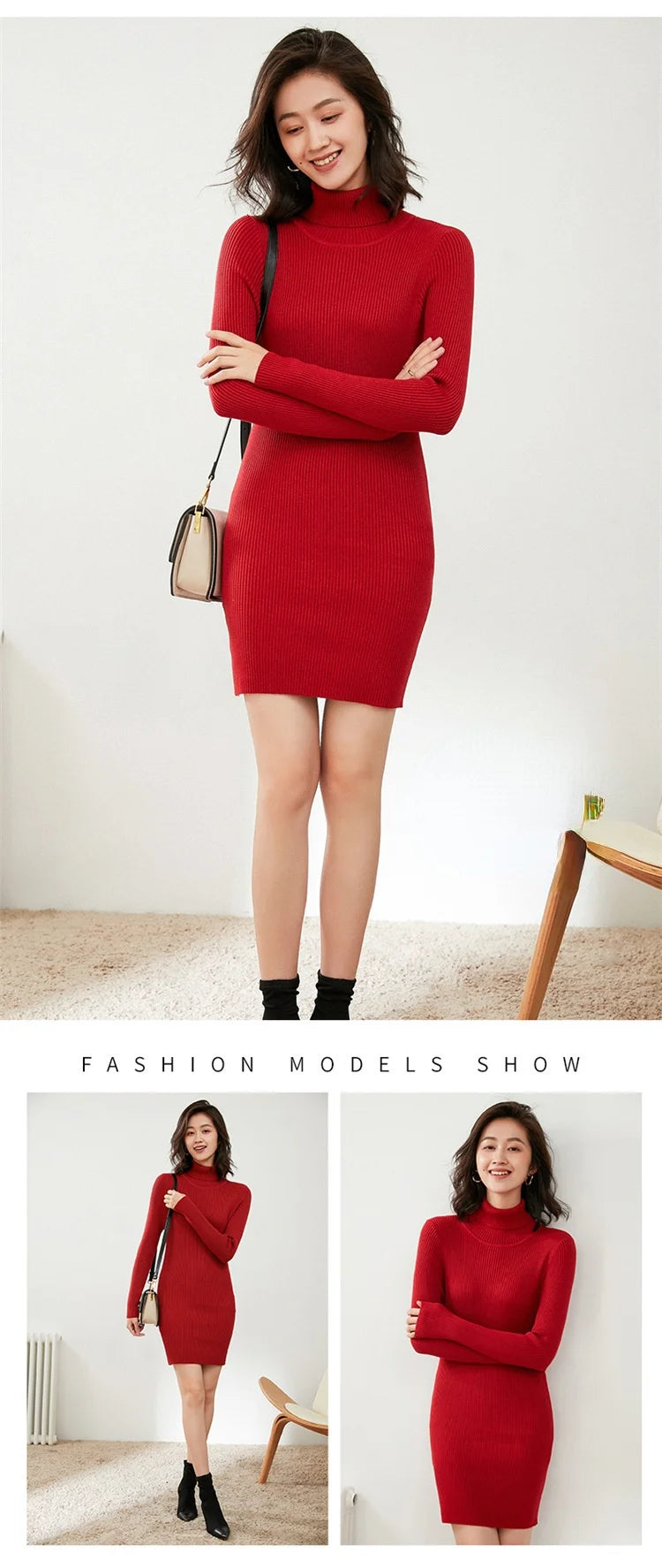 Turtleneck Sweater Slim-Fit Bottoming Solid Color Tight-Fitting Knitted Bag Hip Women Dress.