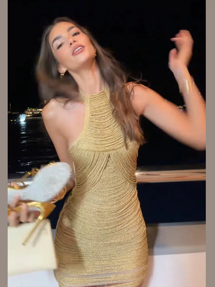 Slim Sleeveless Gold Tassel Dress for Summer Parties