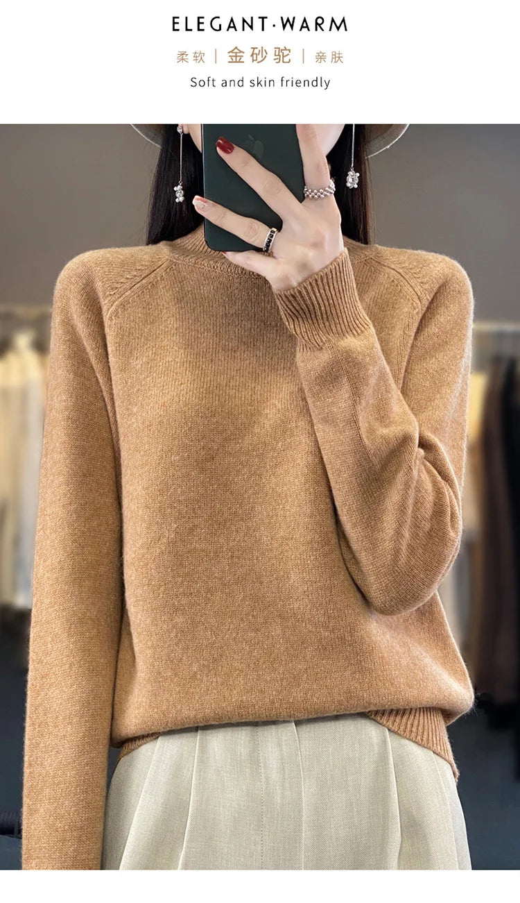 Autumn Winter Wool Sweater Mock Neck Office Lady Knitted Pullover Solid Soft Long Sleeve