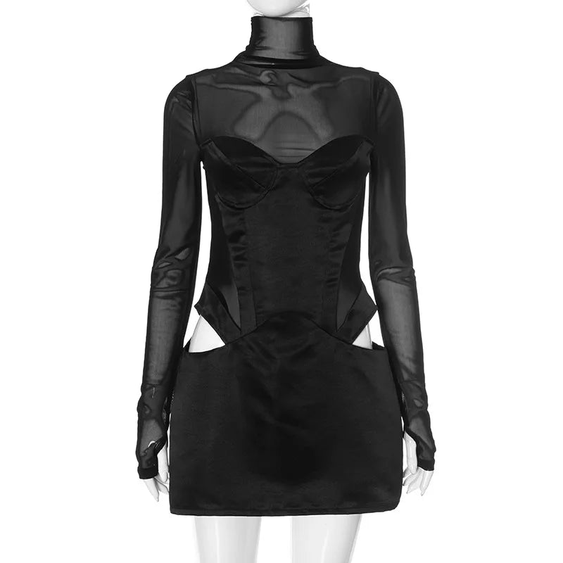 High Neck Robe Mesh Long Sleeve Mini Dress Party Cut Out Corset Bodycon Dresses