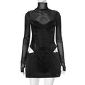 High Neck Robe Mesh Long Sleeve Mini Dress Party Cut Out Corset Bodycon Dresses
