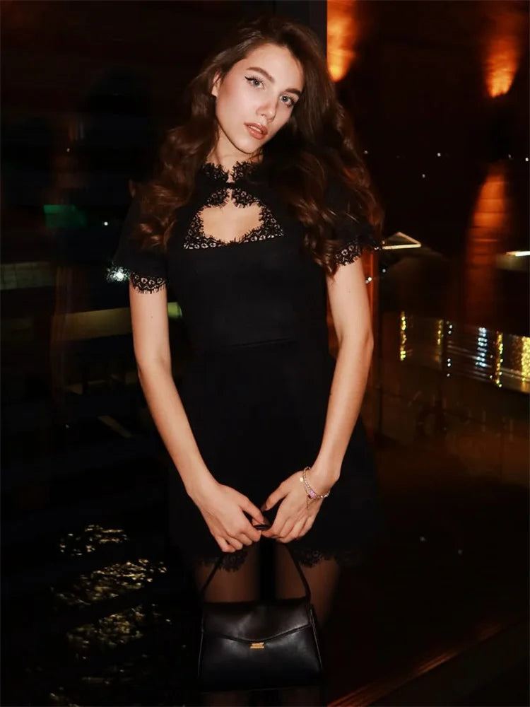 Tossy Black Lace Cutout Mini Dress – High Waist Party Style