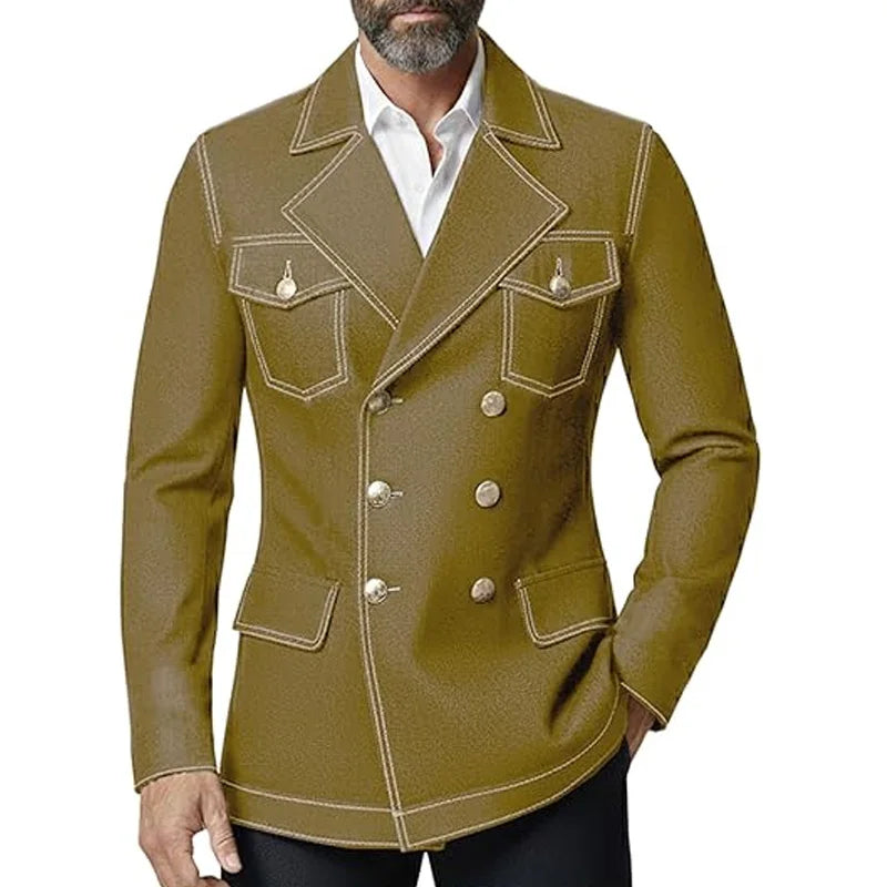 Men's Denim Jacket Double Breasted Slim Fit Notch Lapel Multi-pocket With Gold Button British Style Casual Office Spot Coat