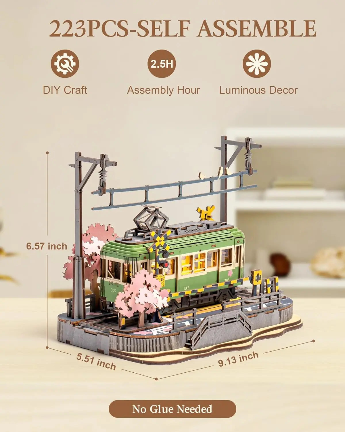 Robotime Sakura Tram 3D Wooden Puzzle with LED Lights – Home Decor Gift for Adults and Girls