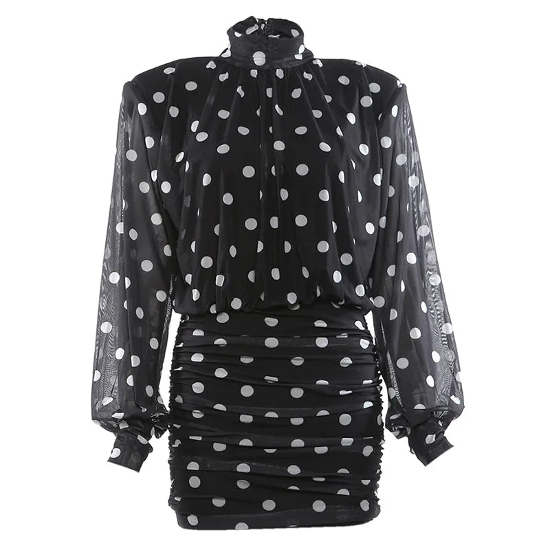 Turtleneck Backless Dress Women Classic Polka Dot Lace-Up Mesh Patchwork.