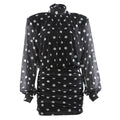 Turtleneck Backless Dress Women Classic Polka Dot Lace-Up Mesh Patchwork.