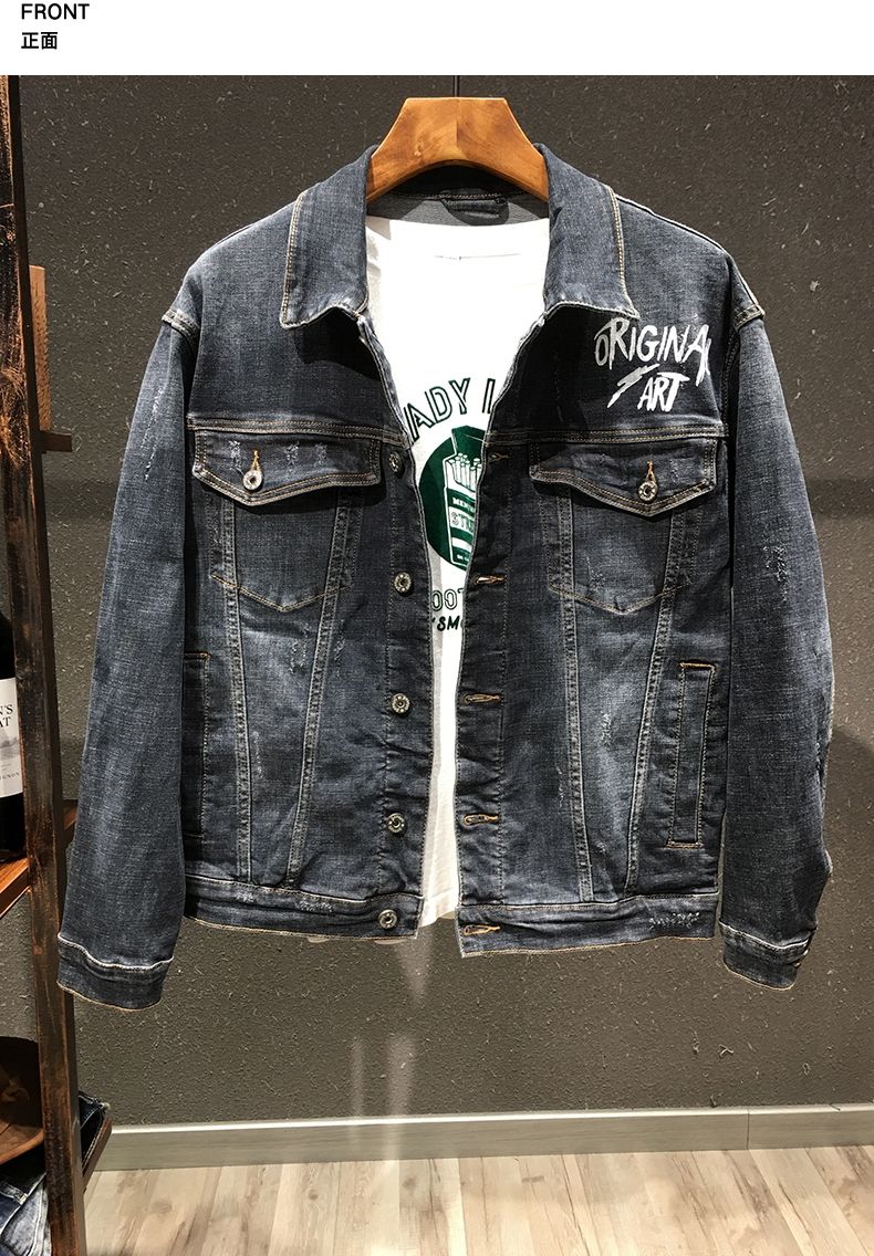 Spring and Autumn New Men's Embroidered Denim Jacket Trendy and Handsome Slim Fit Badge Broken Coat