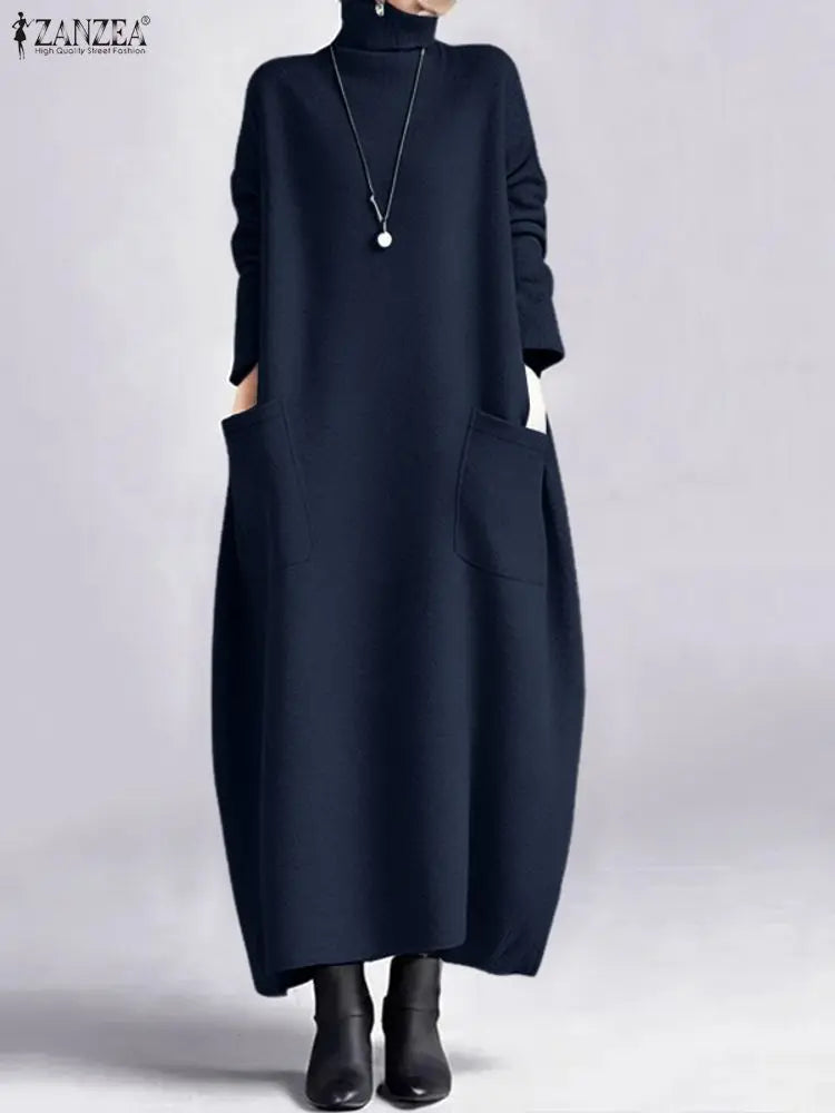 Sweatshirt Dress Women Casual Turtleneck Long Sleeve Solid A-Line Midi Dresses