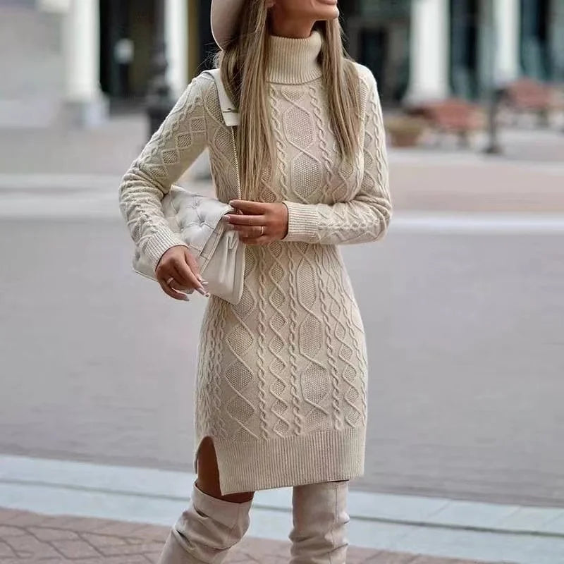 Women's Knitted Wrap Hip Skirt High Neck Warm and Thickened Elegant Knitted Sweater Long Sleeve Dress
