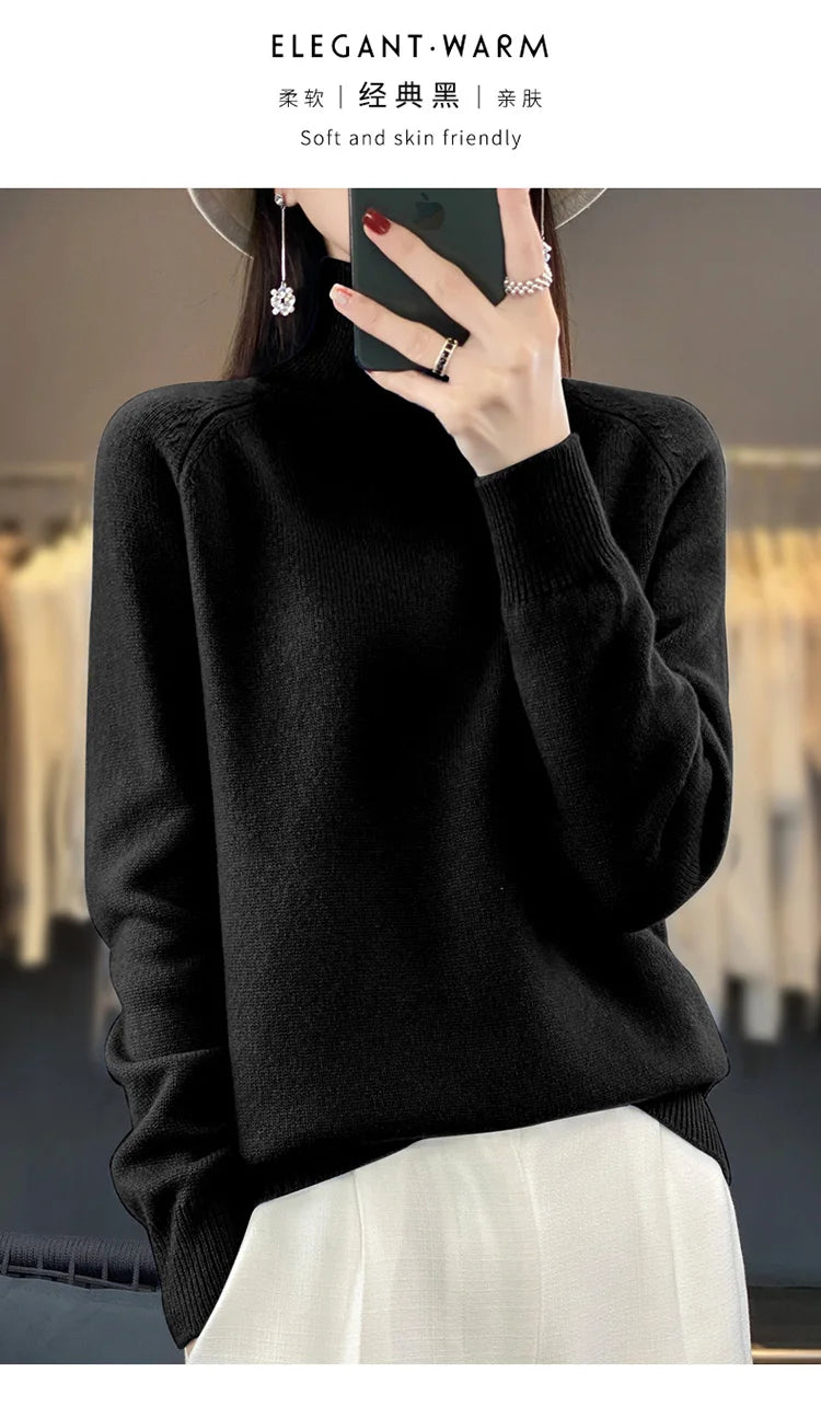 Autumn Winter Wool Sweater Mock Neck Office Lady Knitted Pullover Solid Soft Long Sleeve