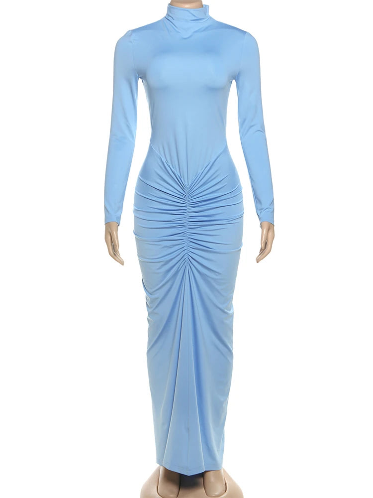 New Style Long Dress Woman Turtleneck Full Sleeve Skinny High Stretch Daily Casual