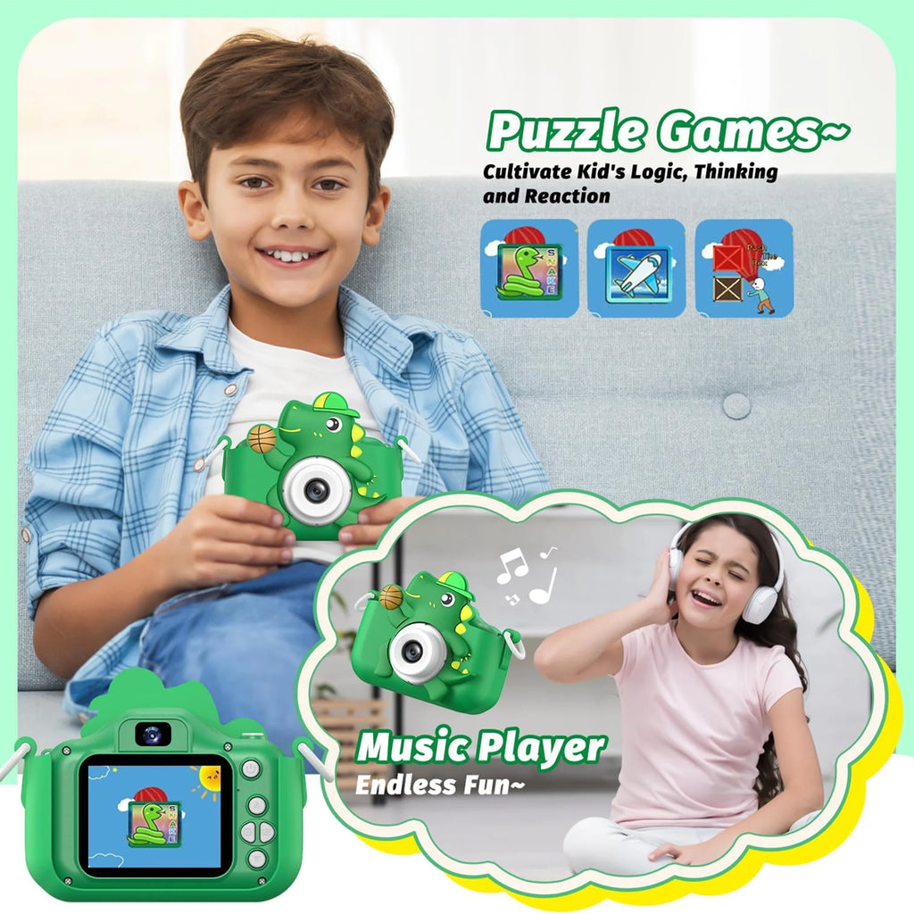 Kids’ Digital Camera – 1080P HD, SD Card, Cartoon Dinosaur Design for Photos & Videos, Perfect Birthday Gift