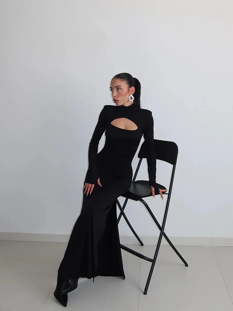 Women's Maxi Dresses Solid Turtleneck Regular Long Sleeves Hollow Out Slim Fit