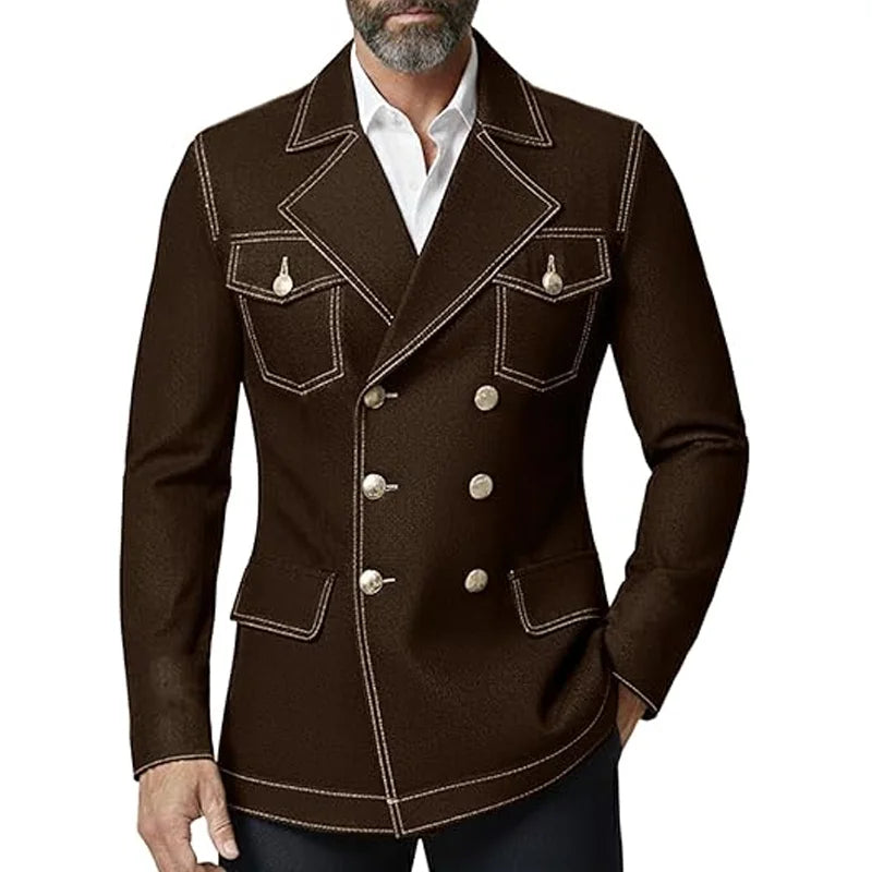Men's Denim Jacket Double Breasted Slim Fit Notch Lapel Multi-pocket With Gold Button British Style Casual Office Spot Coat