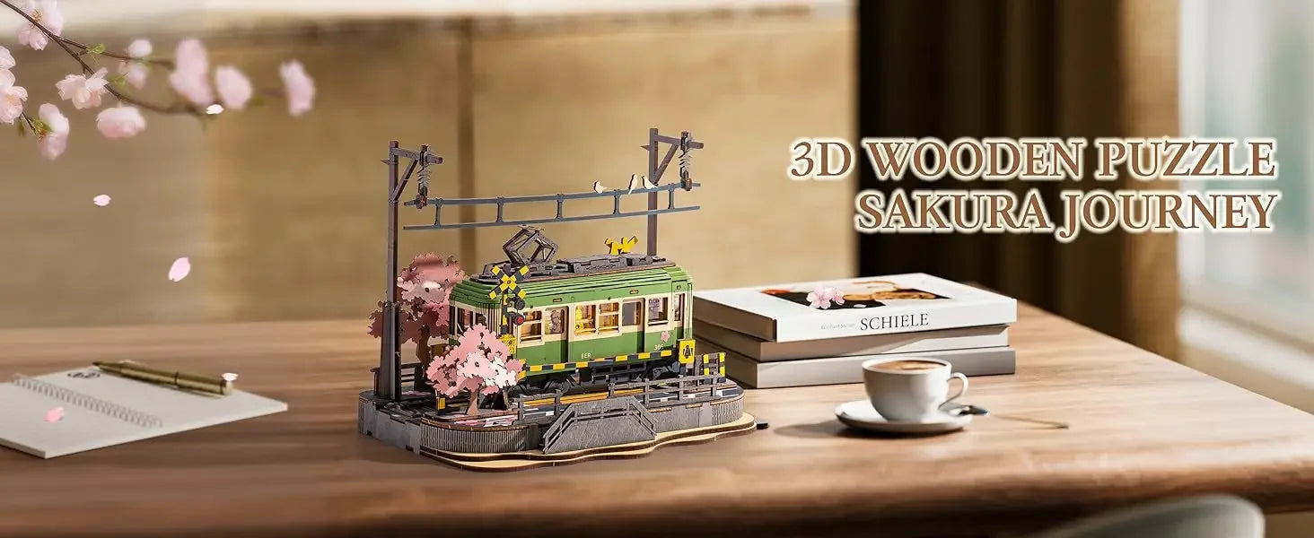 Robotime Sakura Tram 3D Wooden Puzzle with LED Lights – Home Decor Gift for Adults and Girls