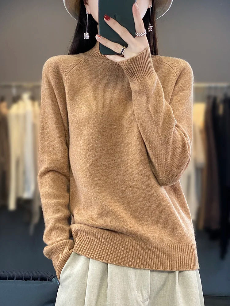 Autumn Winter Wool Sweater Mock Neck Office Lady Knitted Pullover Solid Soft Long Sleeve