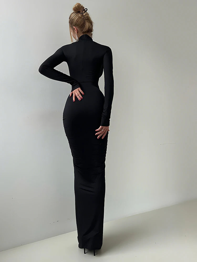 New Style Long Dress Woman Turtleneck Full Sleeve Skinny High Stretch Daily Casual