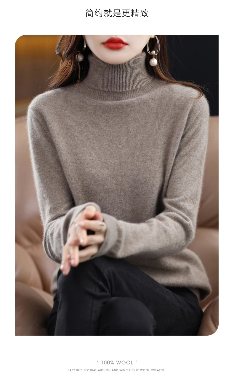 Wool Cashmere Sweater Women Knitted Sweater Turtleneck Long Sleeve Pullovers Autumn Winter.