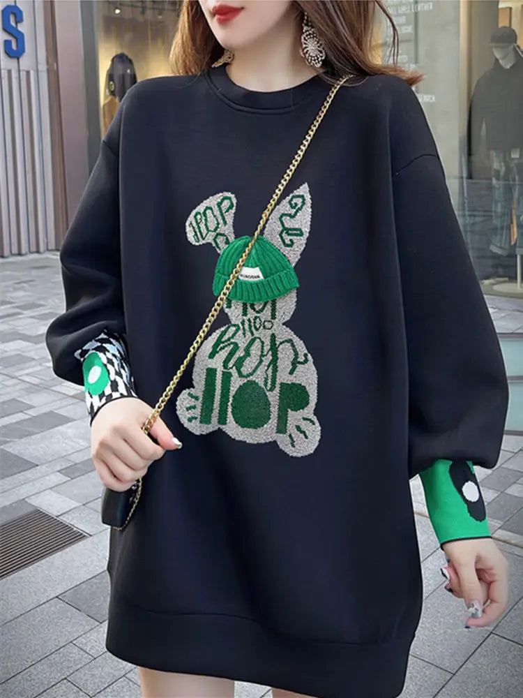 Sweatshirt for Women BlackGraphic Long  Woman Tops Loose Embroidered Pullover Baggy Korean Popular Clothes