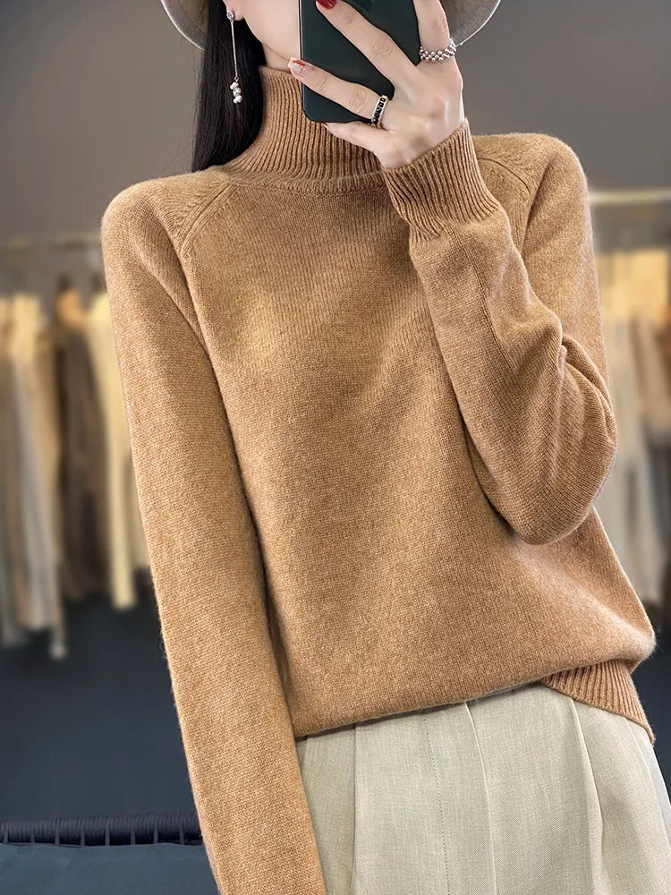 Autumn Winter Wool Sweater Mock Neck Office Lady Knitted Pullover Solid Soft Long Sleeve